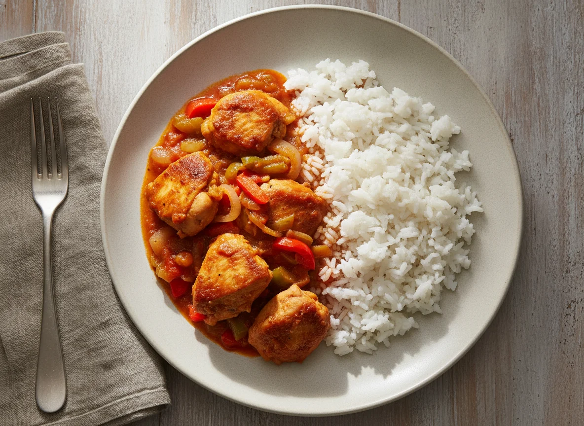 Pollo a la portuguesa con arroz blanco photo