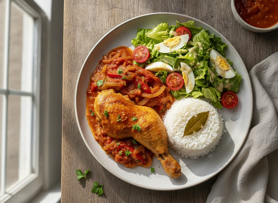 Pollo a la portuguesa con arroz y ensalada mixta photo
