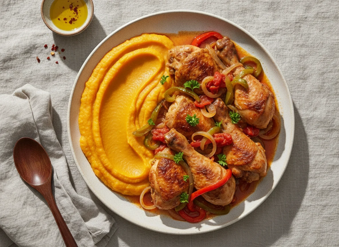 Pollo a la portuguesa con puré de calabaza photo