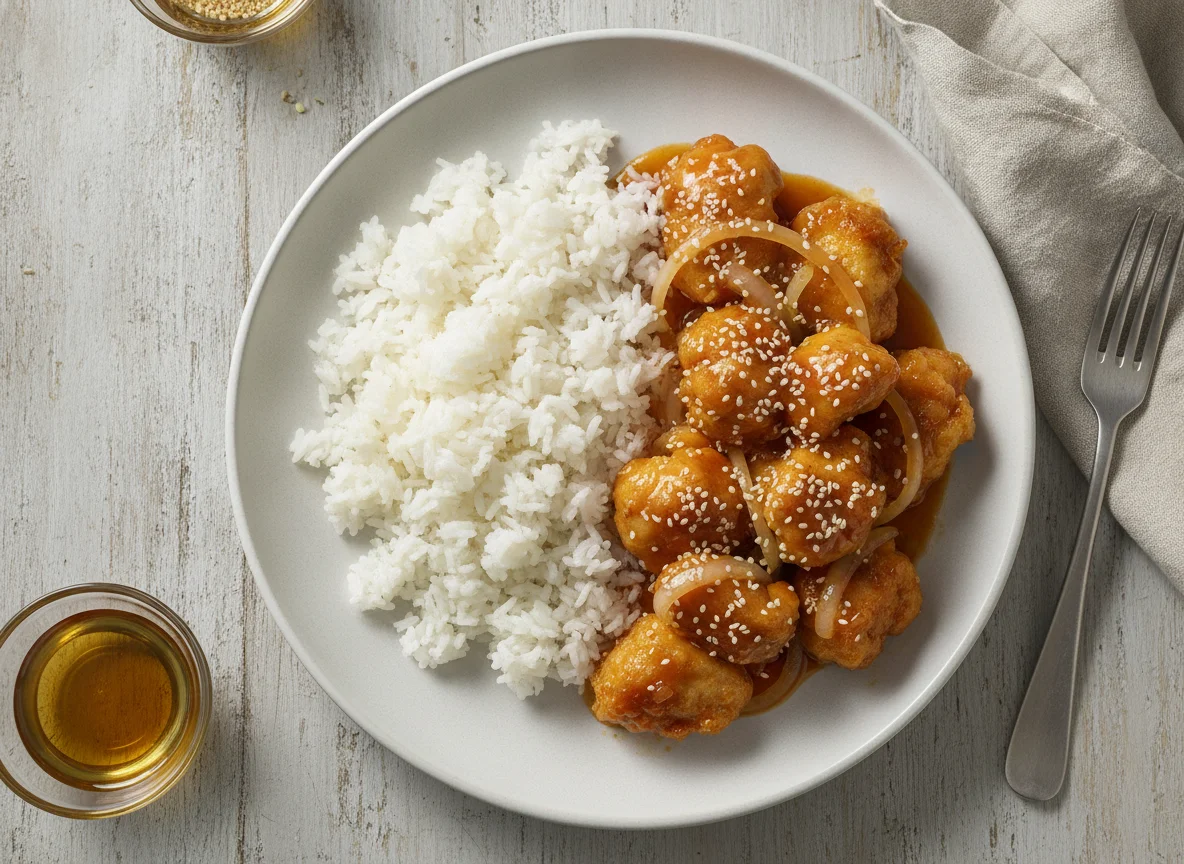 Pollo agridulce con arroz blanco photo