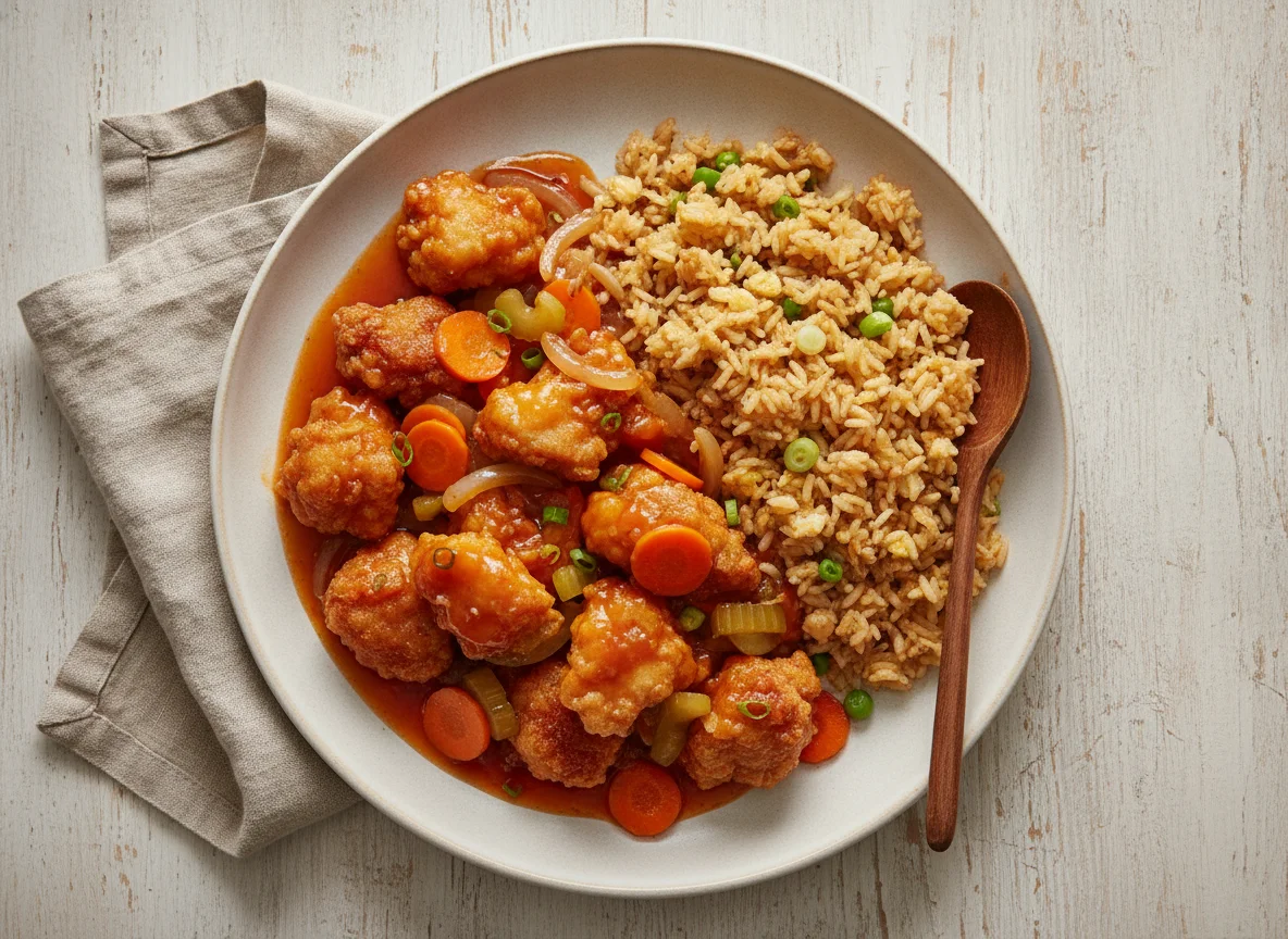 Pollo agridulce con arroz frito photo
