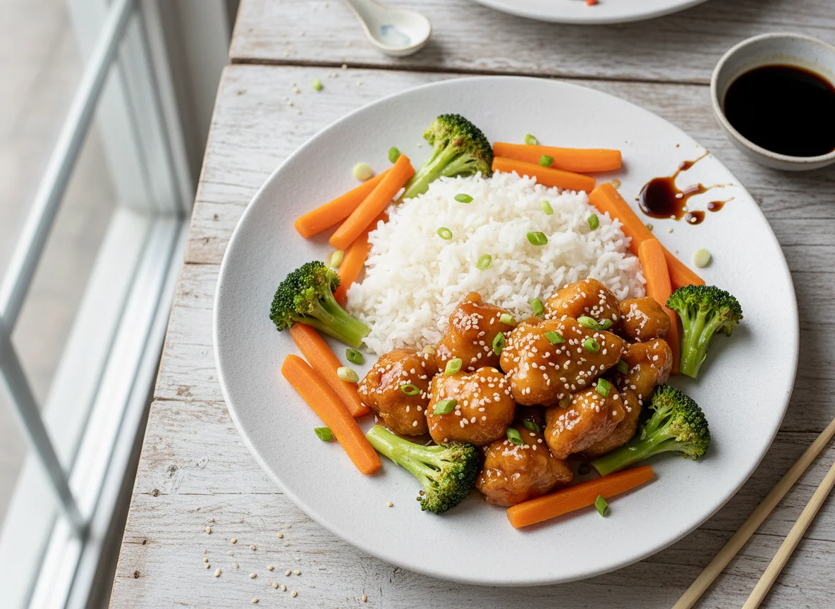 Pollo agridulce con arroz y vegetales photo