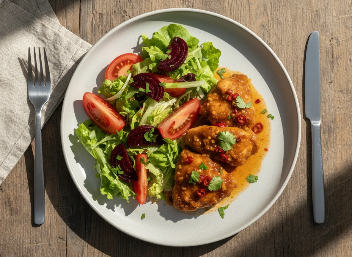 Pollo agridulce con ensalada photo