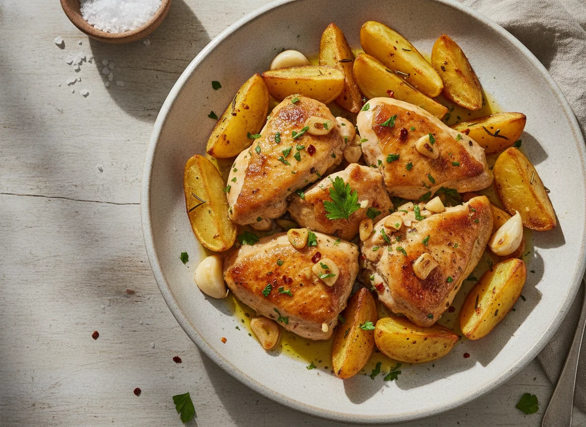 Pollo al ajillo con patatas asadas photo