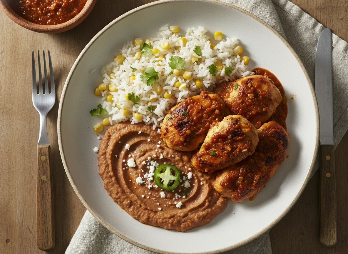 Pollo al chipotle con arroz y frijoles photo
