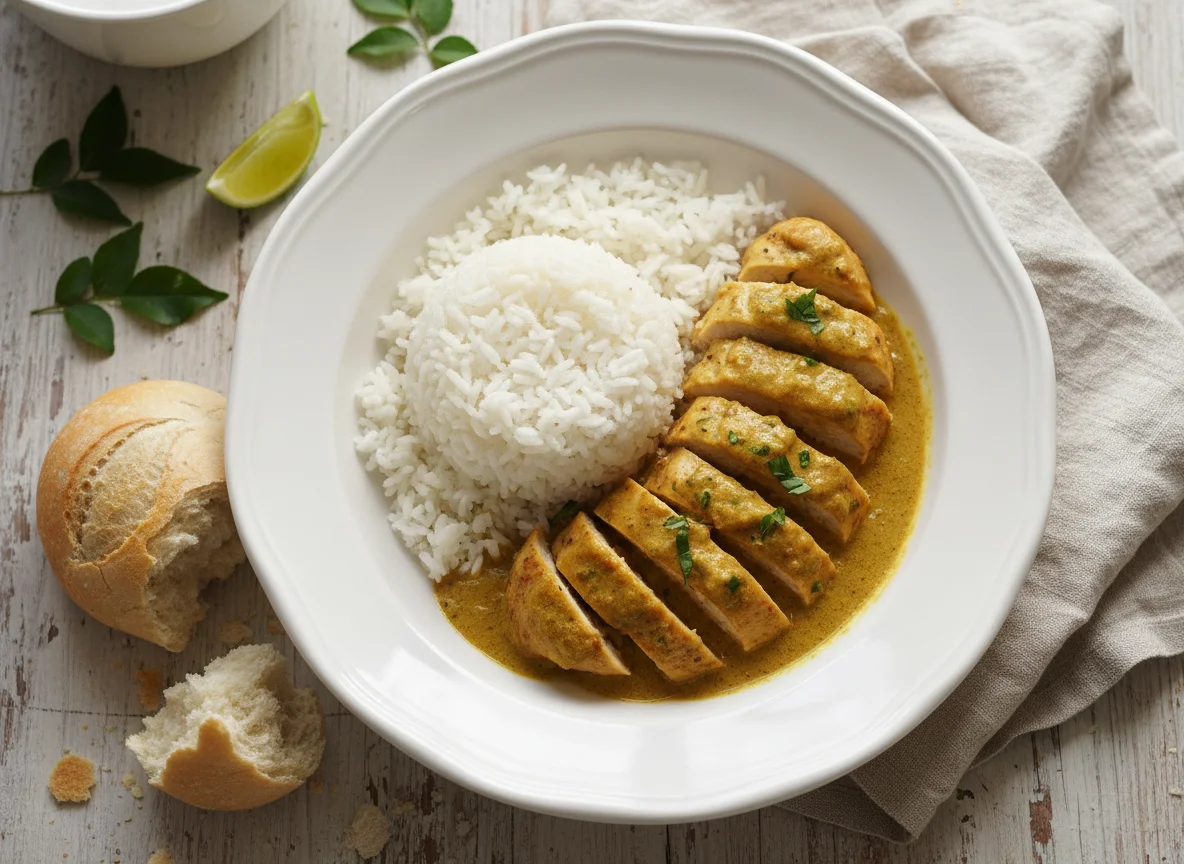 Pollo al curry con arroz blanco photo
