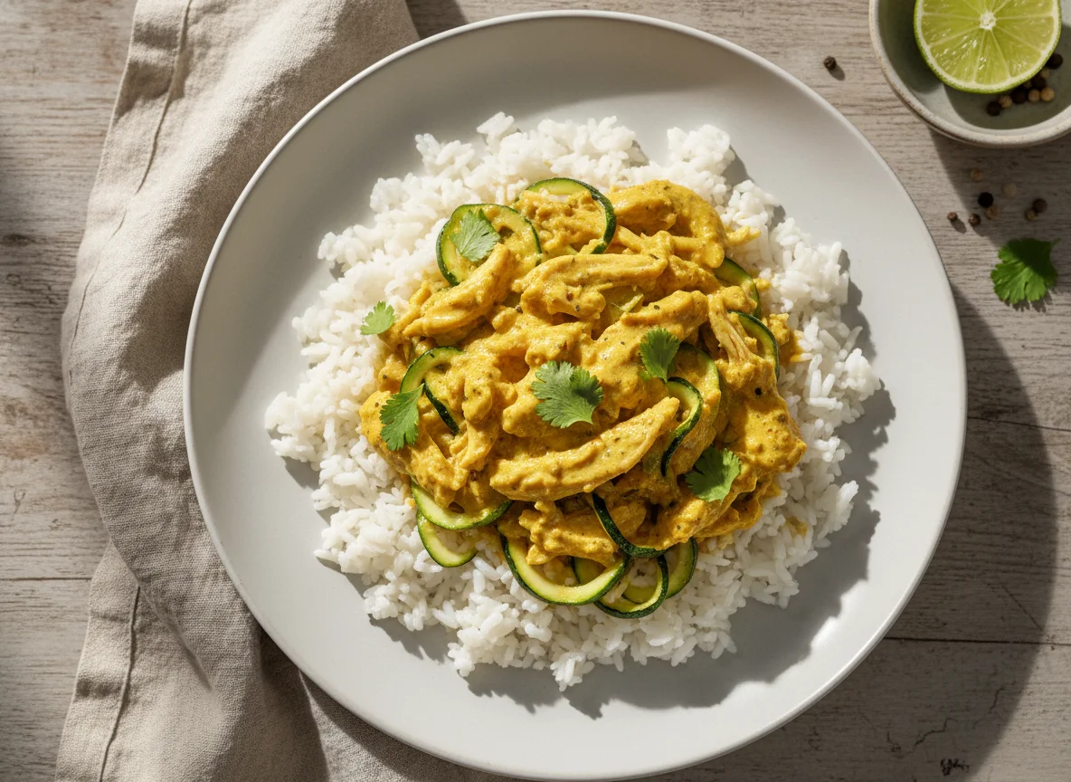 Pollo al curry con arroz y calabacín photo