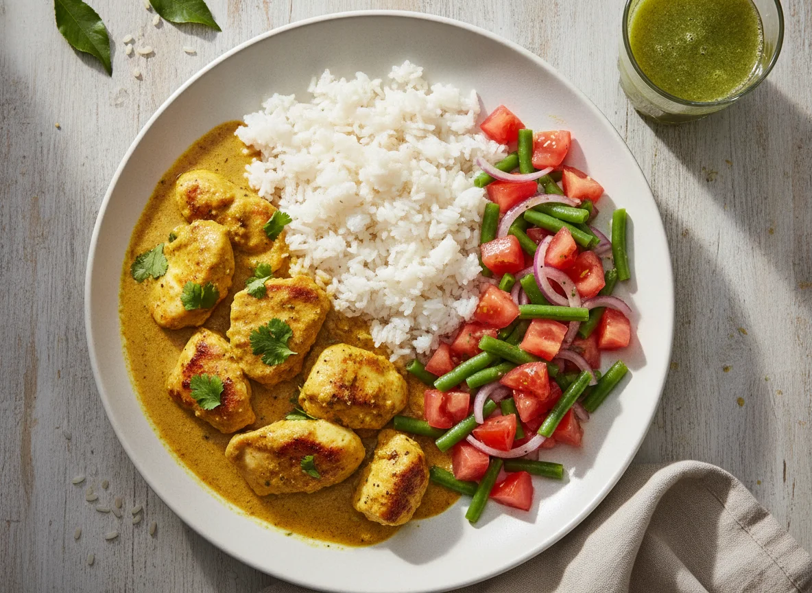 Pollo al curry con arroz y ensalada de tomate photo