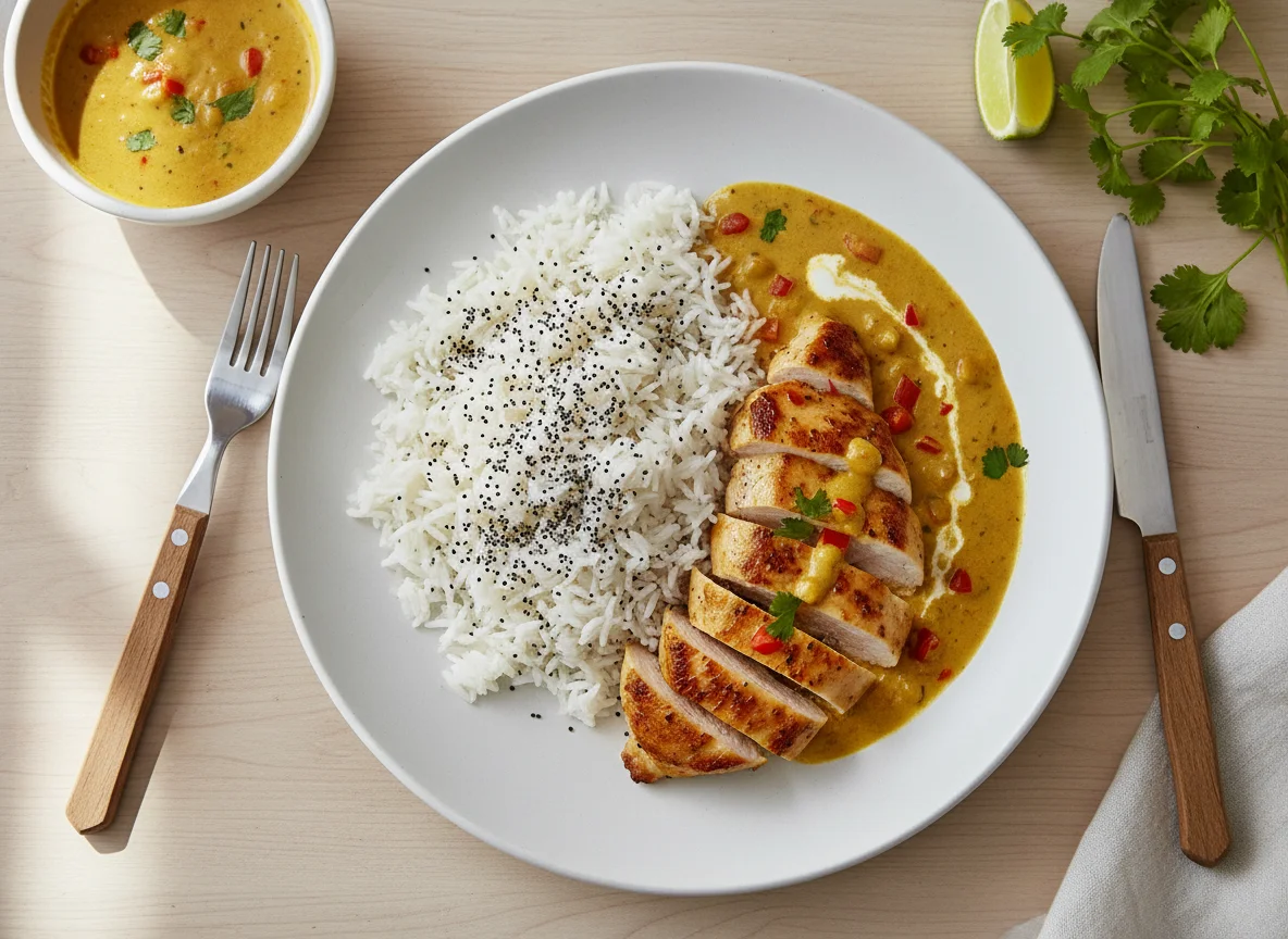 Pollo al curry con arroz y semillas de amapola photo
