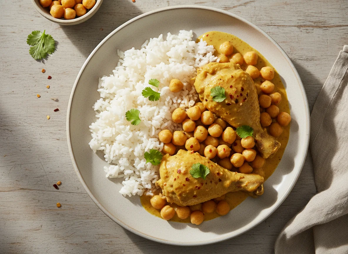 Pollo al curry con garbanzos y arroz blanco photo