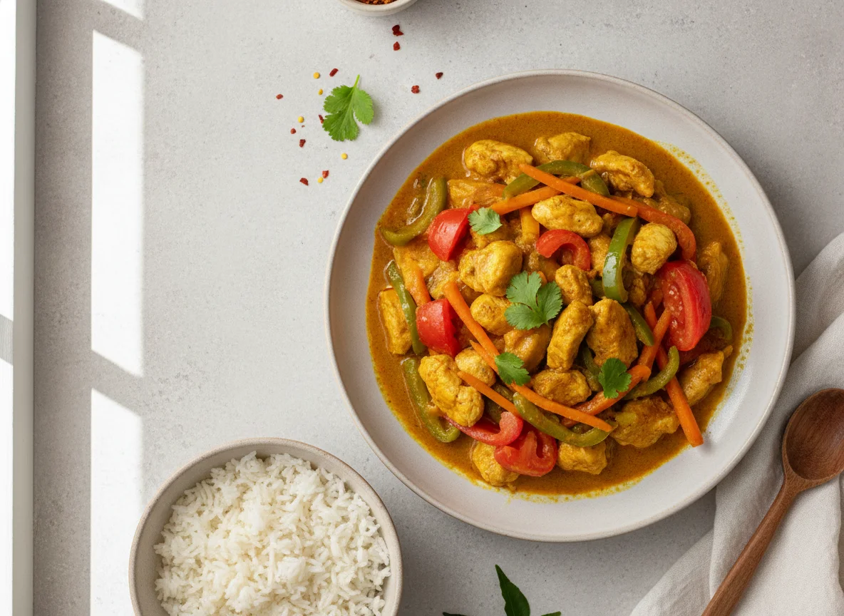 Pollo al curry con verduras y tomate fresco photo