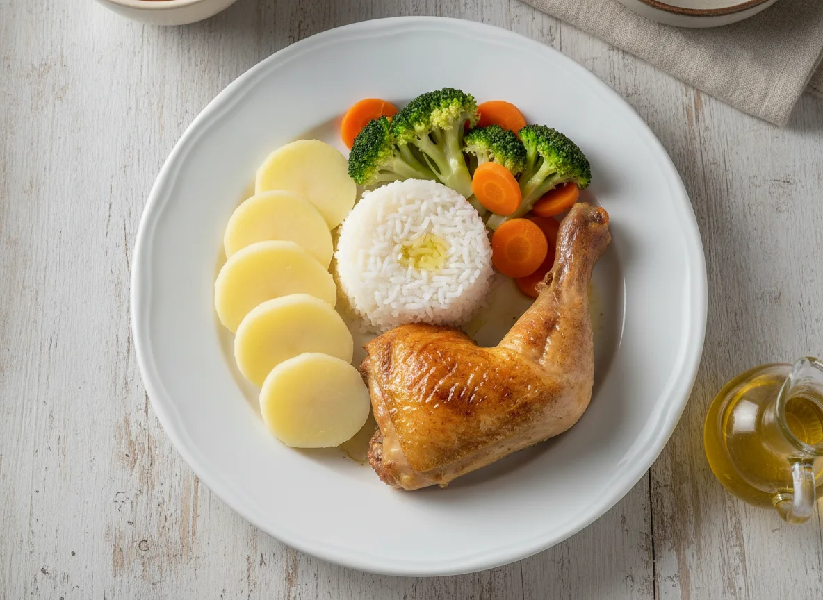 Pollo al horno con arroz, papa y verduras photo