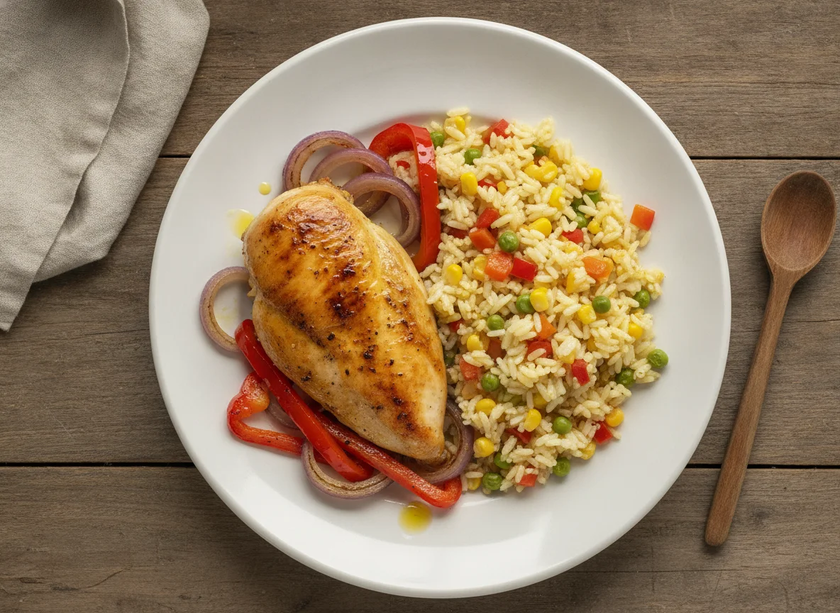 Pollo al horno con arroz primavera photo