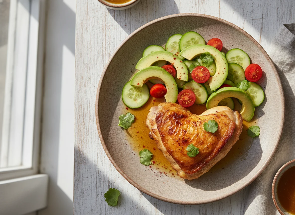 Pollo al horno con ensalada de aguacate y pepino photo