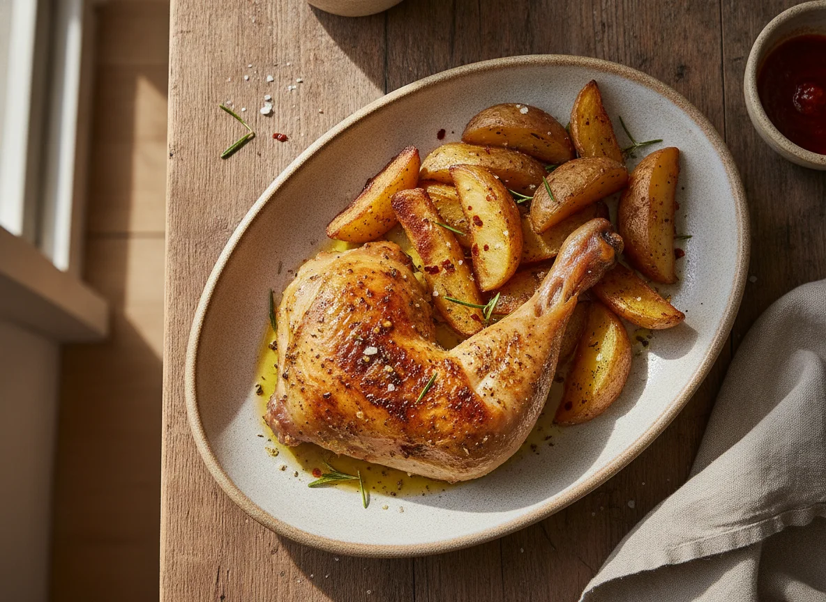 Pollo al horno con papas rústicas photo