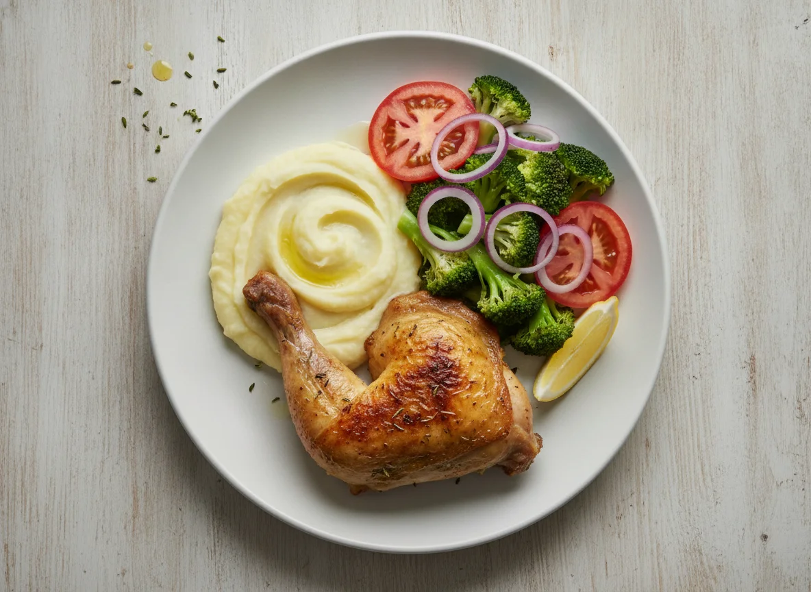Pollo al horno con puré de papas y ensalada mixta photo