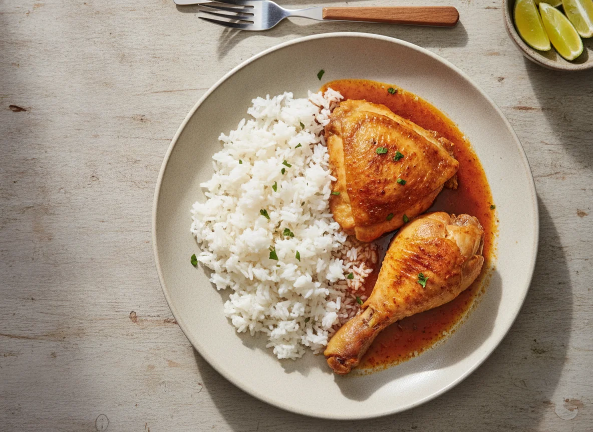 Pollo al jugo con arroz blanco photo