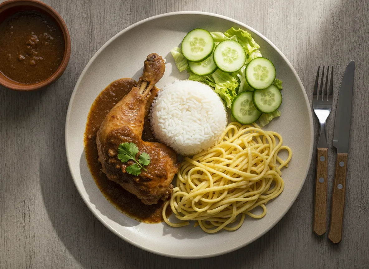 Pollo al jugo con arroz, tallarines y ensalada photo