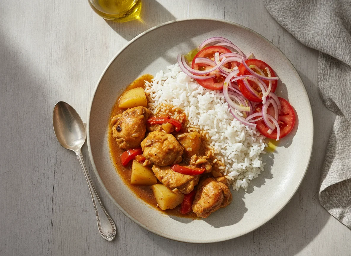 Pollo al jugo con arroz y ensalada criolla photo