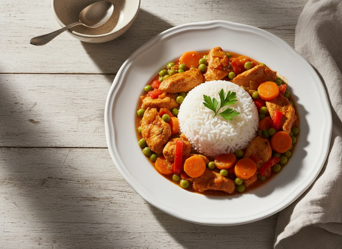 Pollo al jugo con arroz y verduras photo