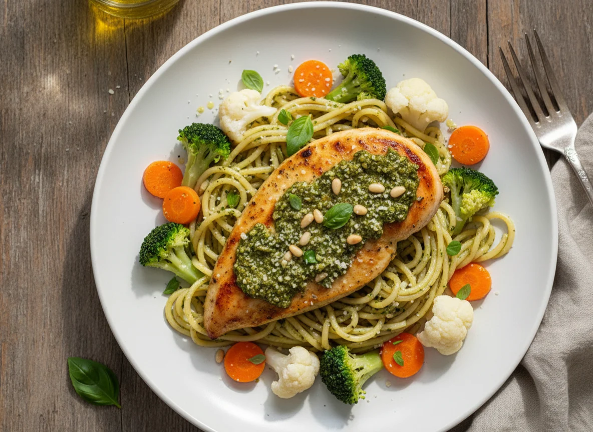 Pollo al pesto con espagueti y vegetales al vapor photo