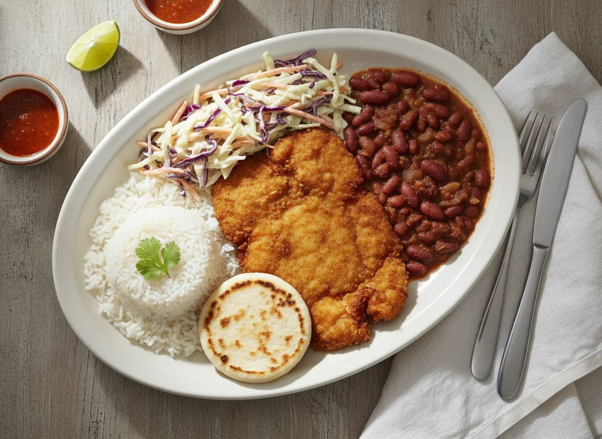 Pollo apanado con arroz, frijoles y ensalada de col photo
