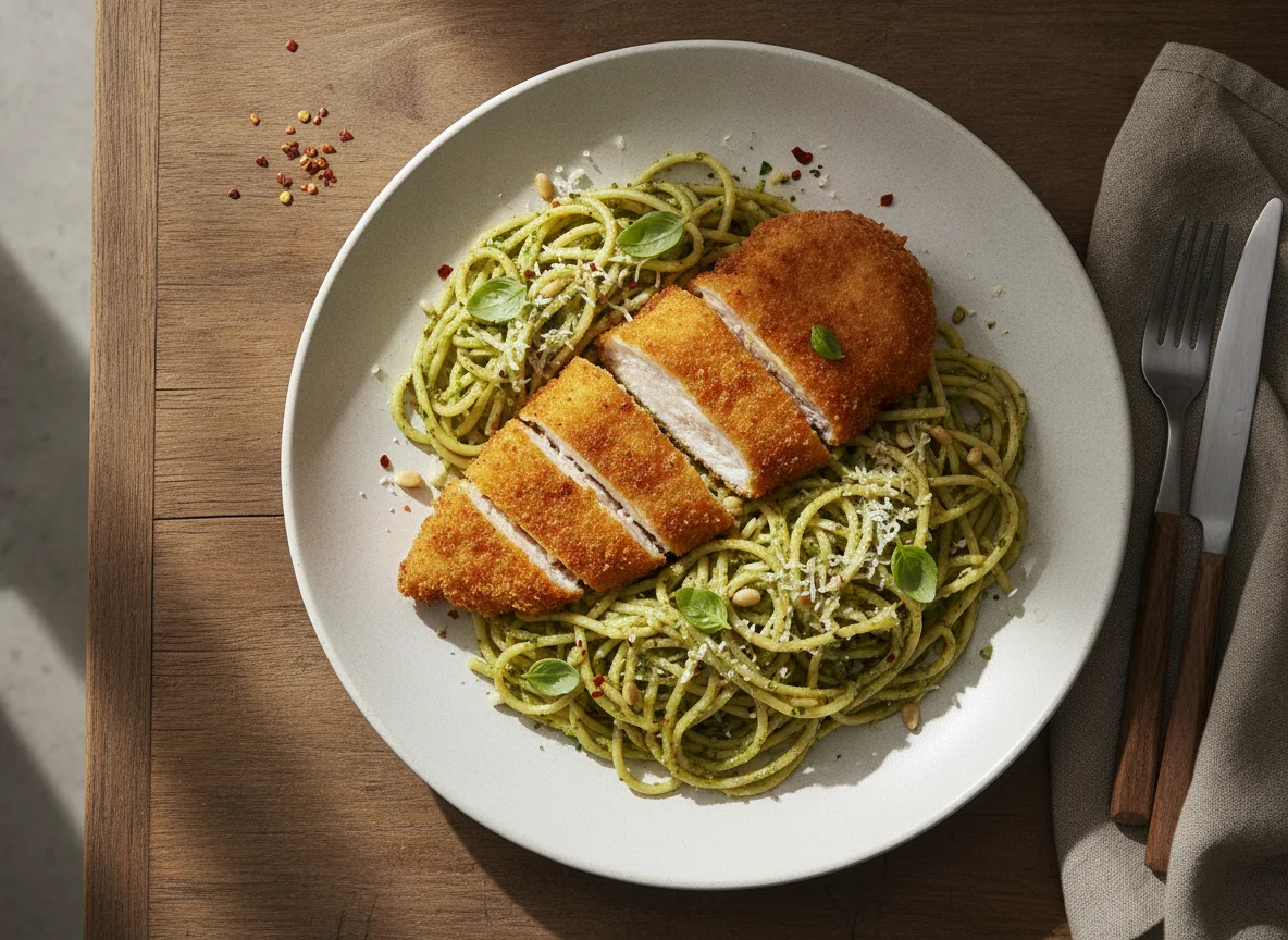 Pollo apanado con tallarines al pesto photo