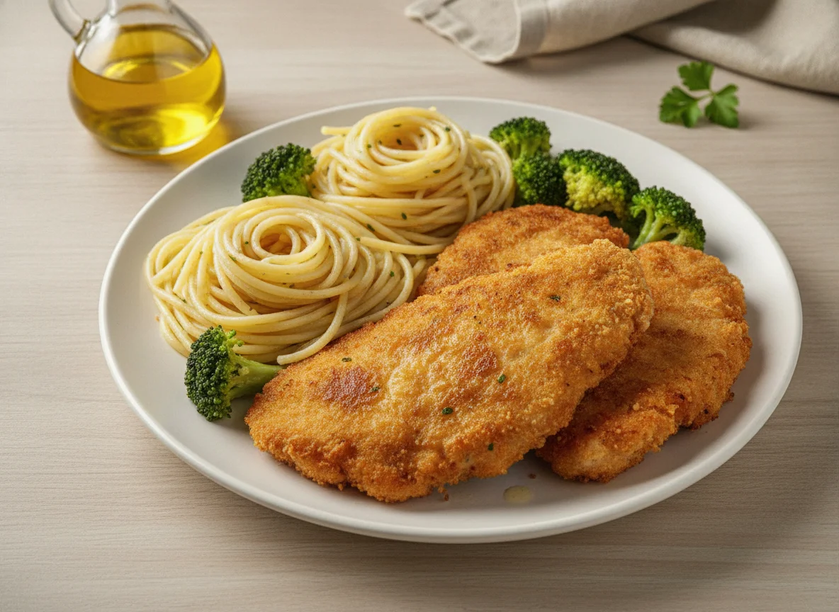 Pollo apanado con tallarines y brócoli photo