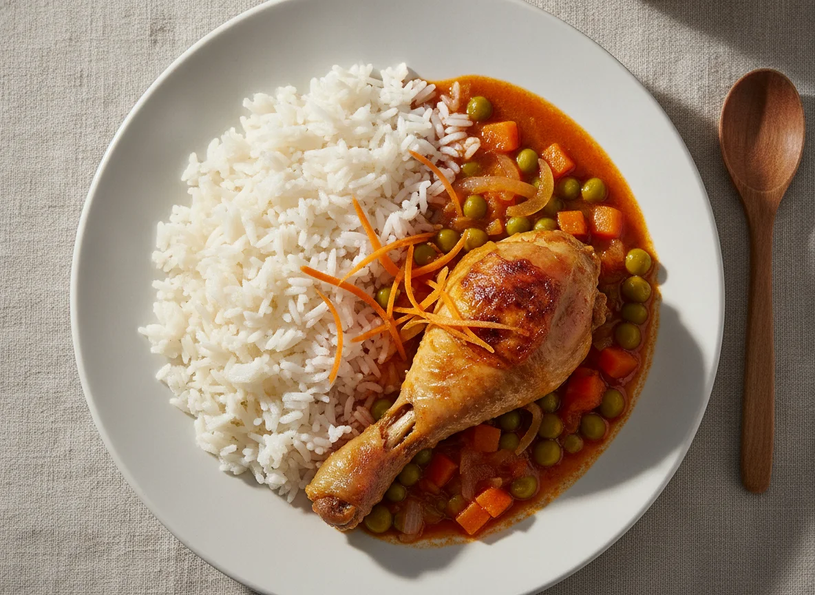 Pollo arvejado con arroz blanco photo