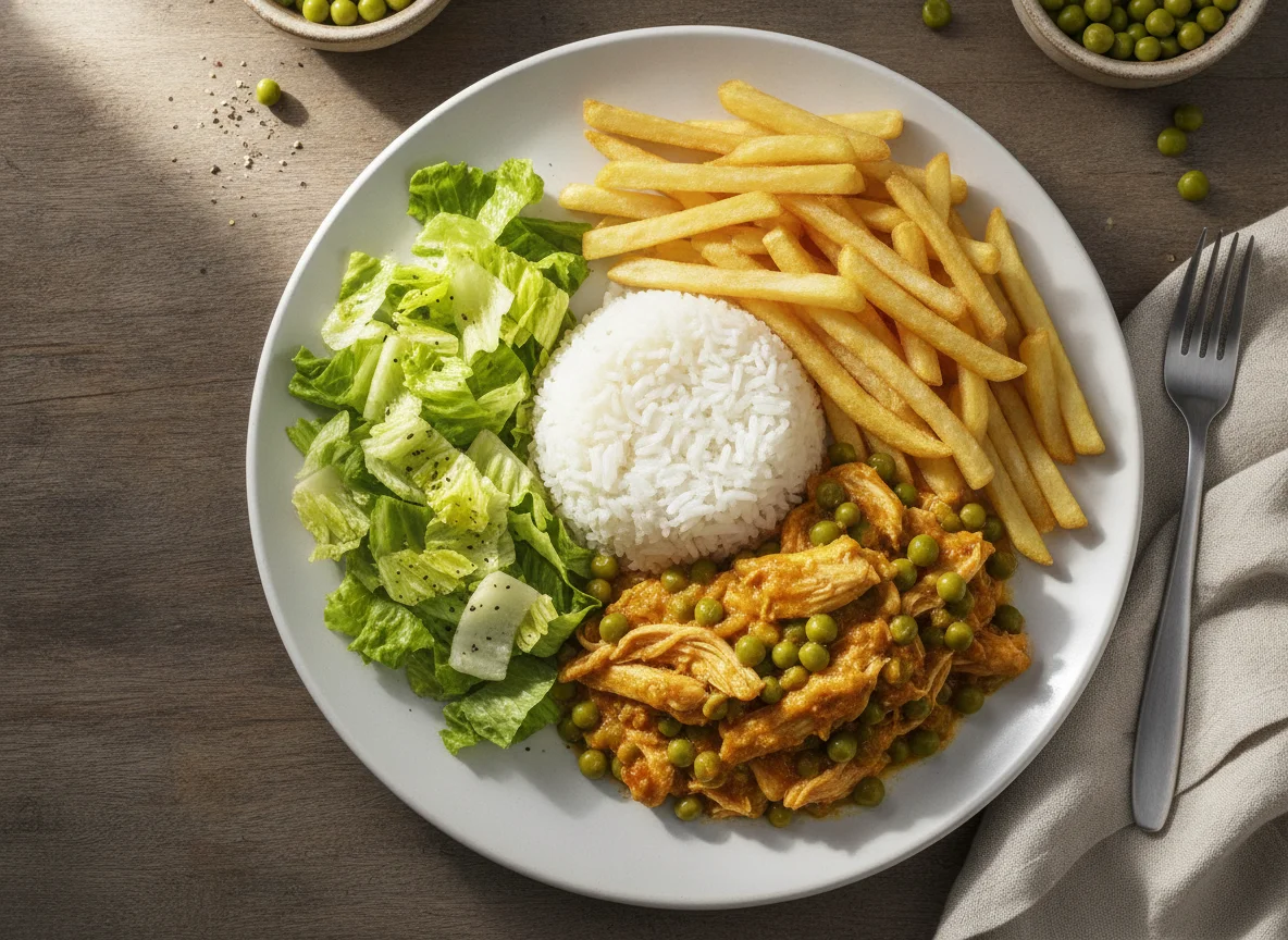 Pollo arvejado con arroz, papas fritas y ensalada de lechuga photo