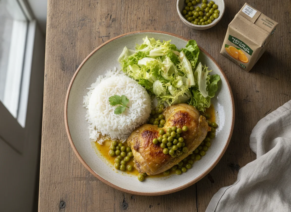 Pollo arvejado con arroz y ensalada de lechuga photo