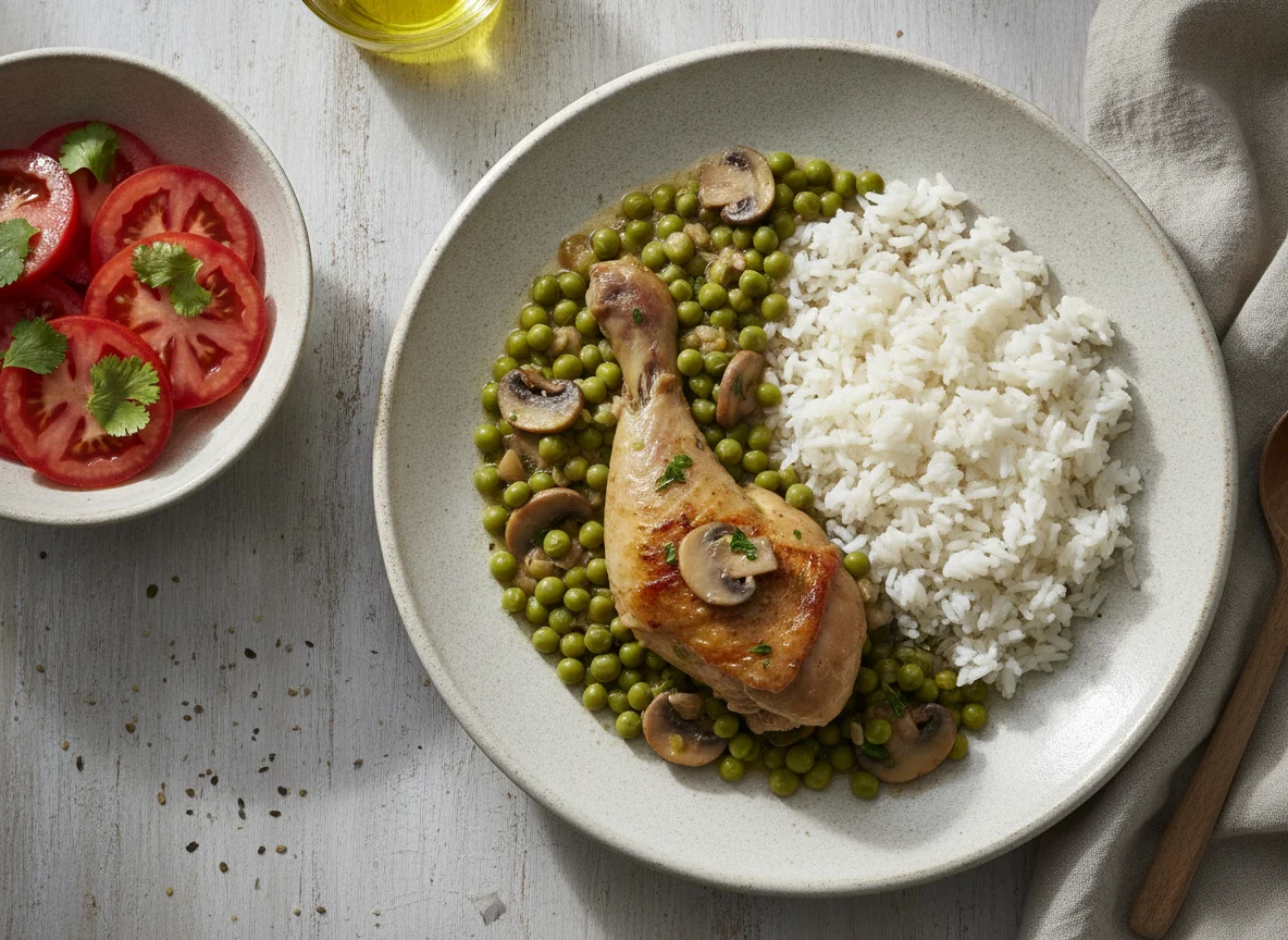 Pollo arvejado con arroz y ensalada de tomate photo