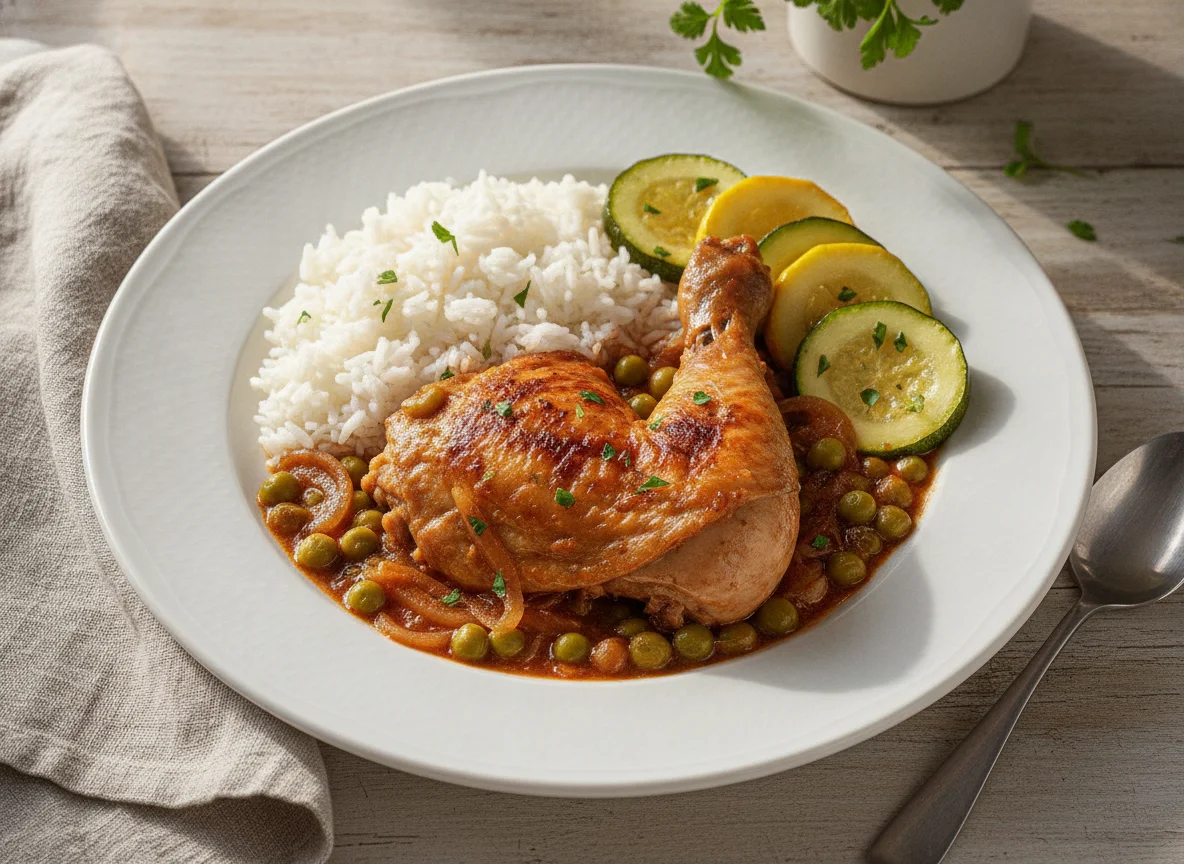 Pollo arvejado con arroz y zapallo italiano photo