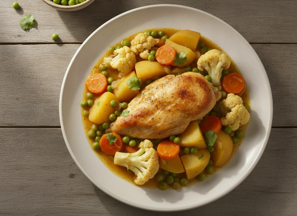 Pollo arvejado con papas cocidas y coliflor photo