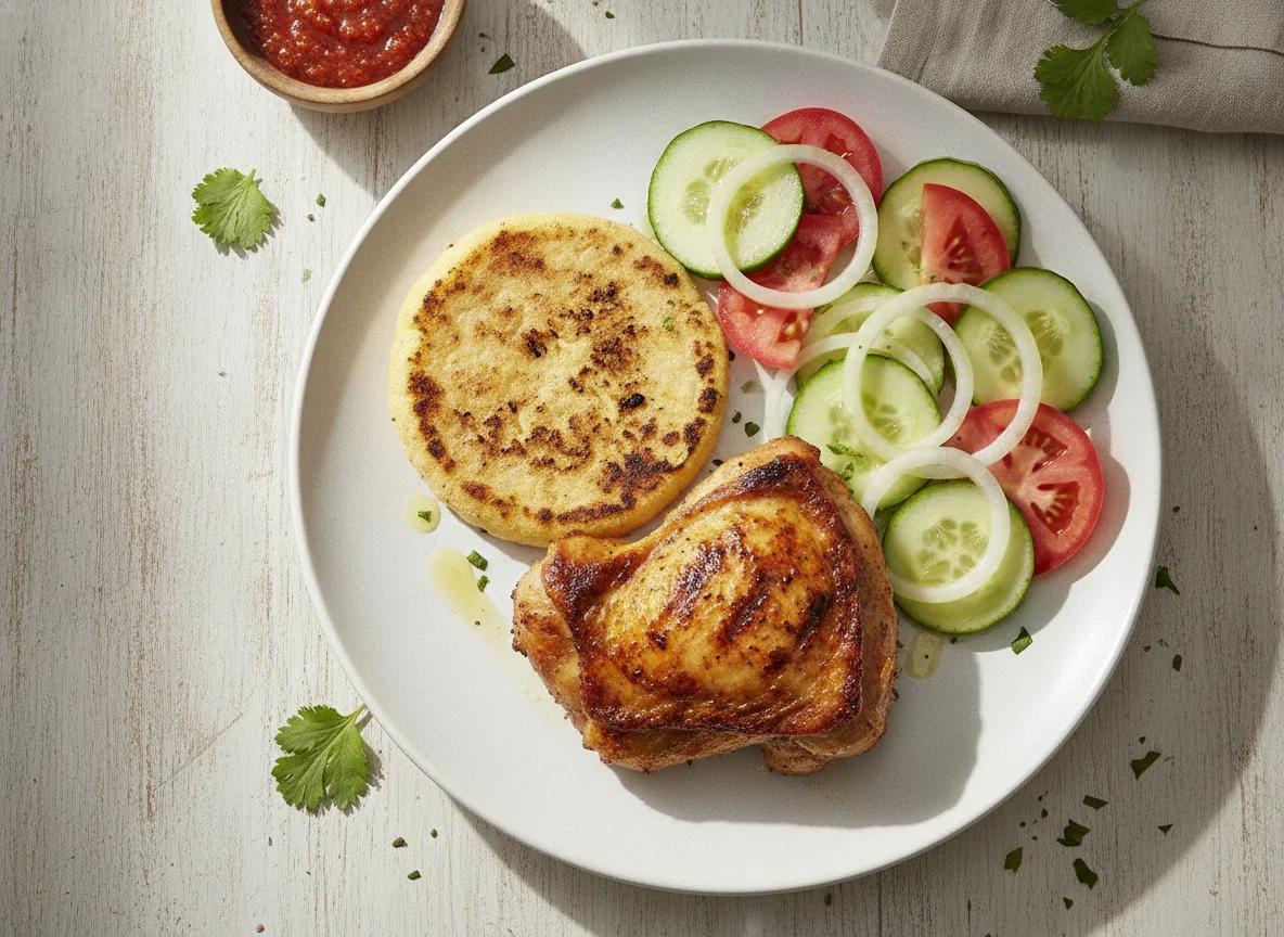 Pollo asado con arepa de maíz y ensalada photo