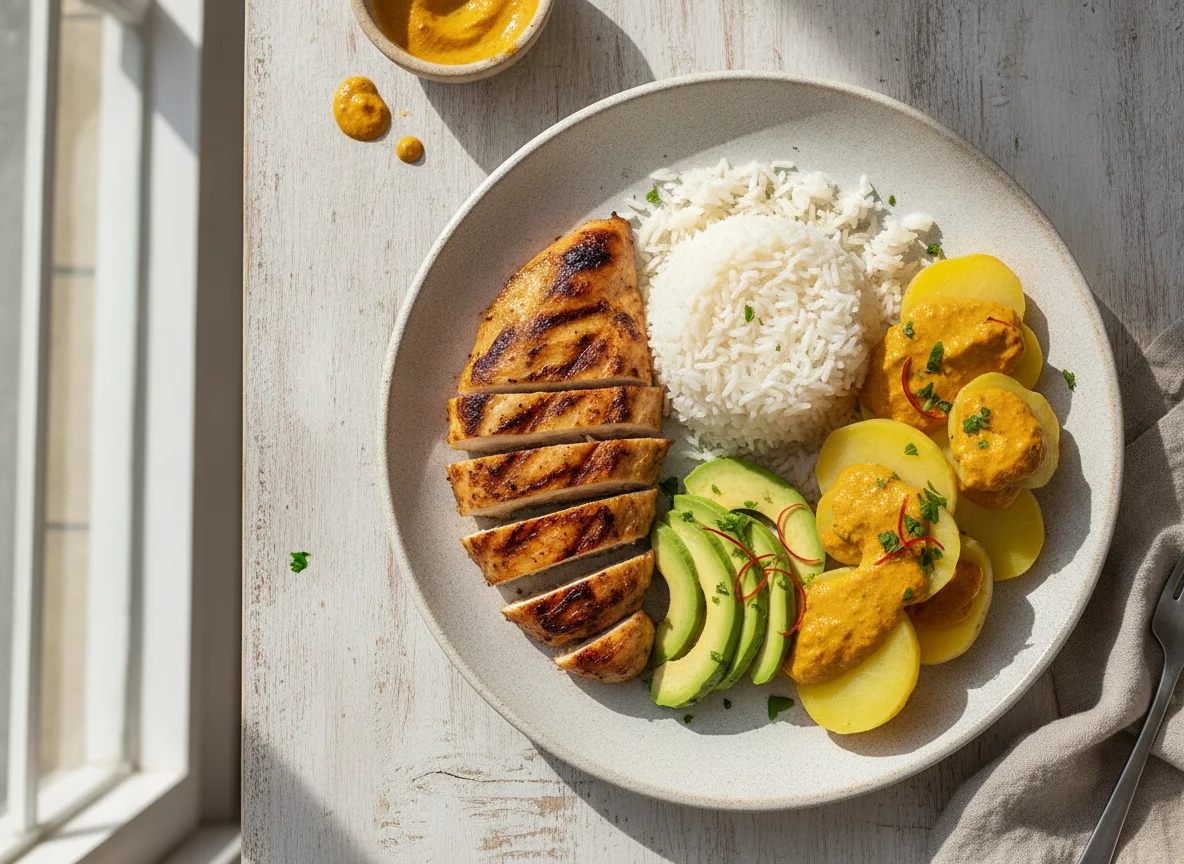 Pollo asado con arroz, aguacate y papas a la huancaína photo