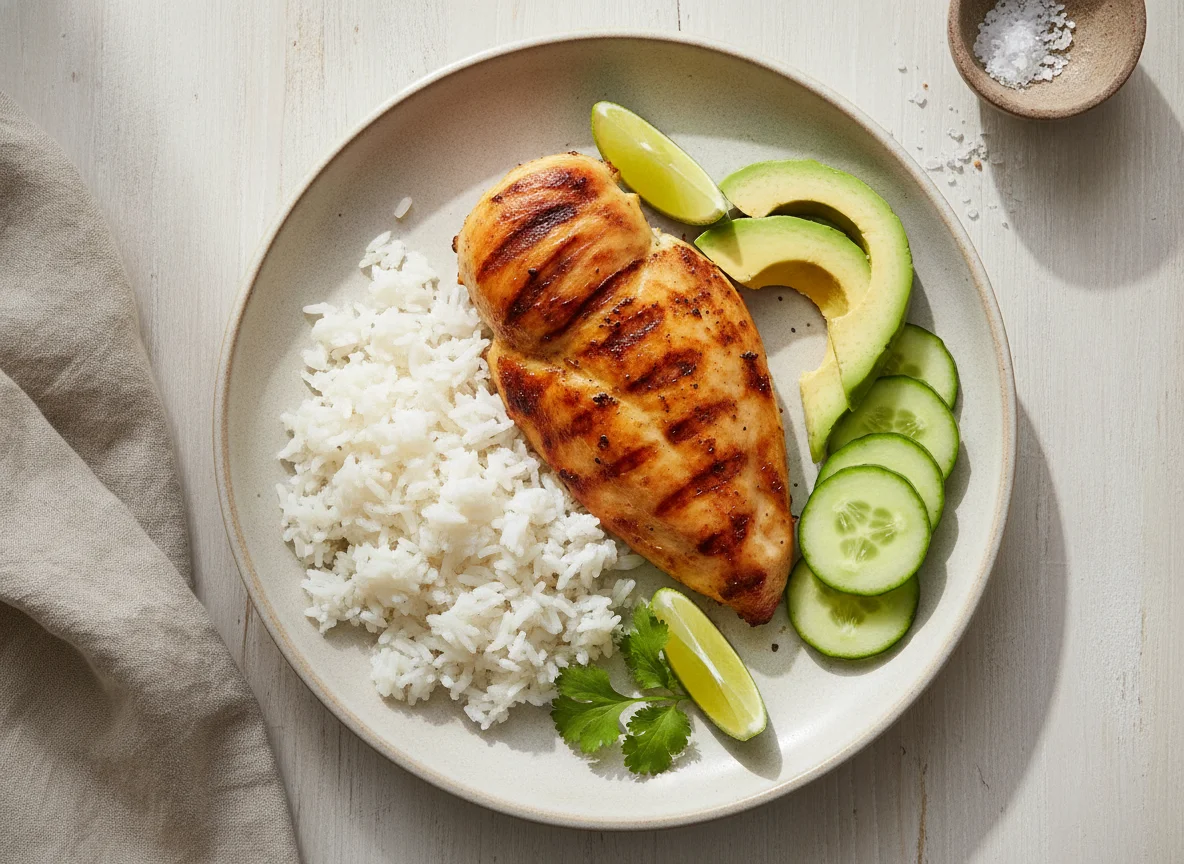 Pollo asado con arroz, aguacate y pepino photo