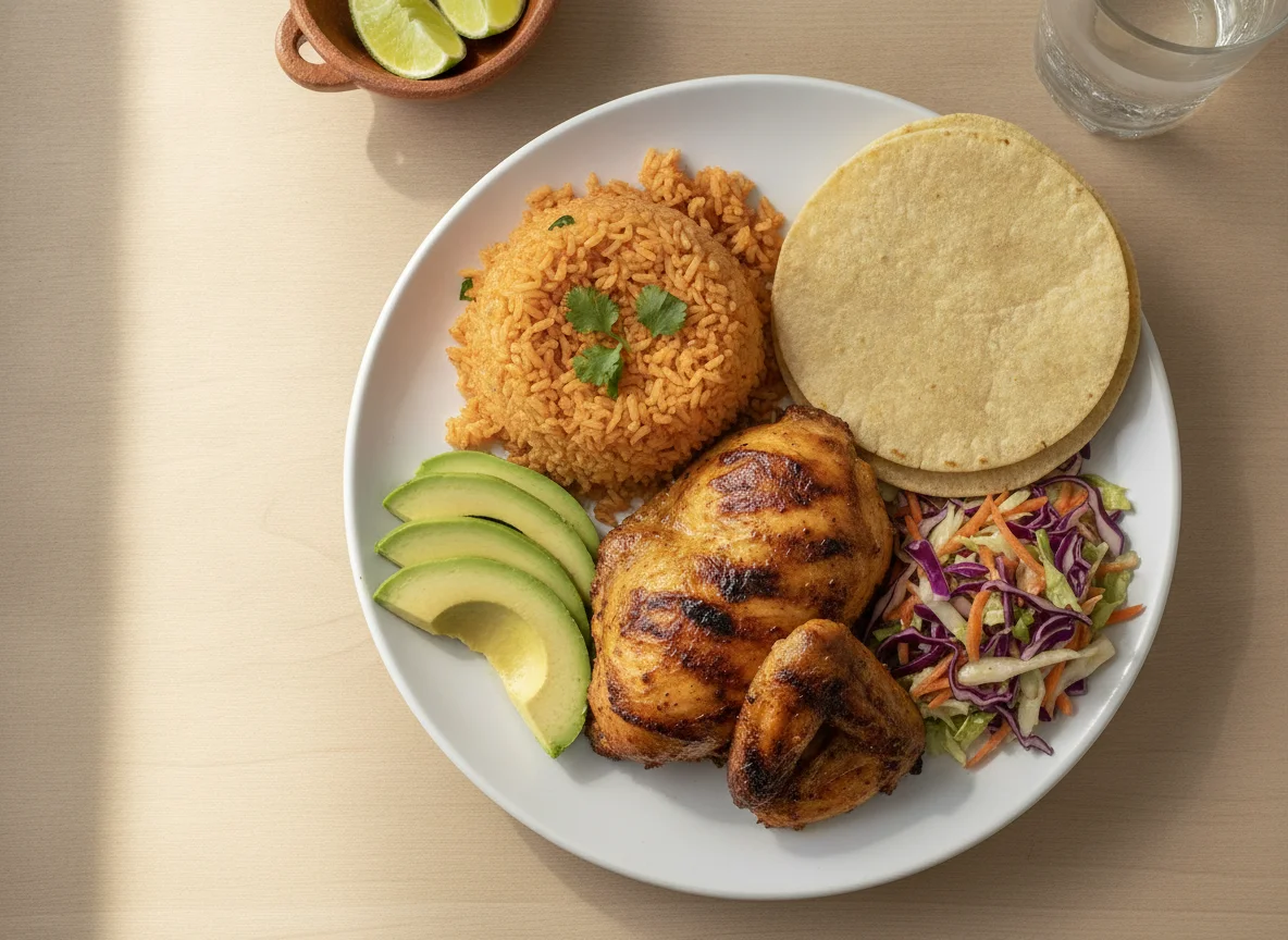 Pollo asado con arroz, aguacate y tortilla photo