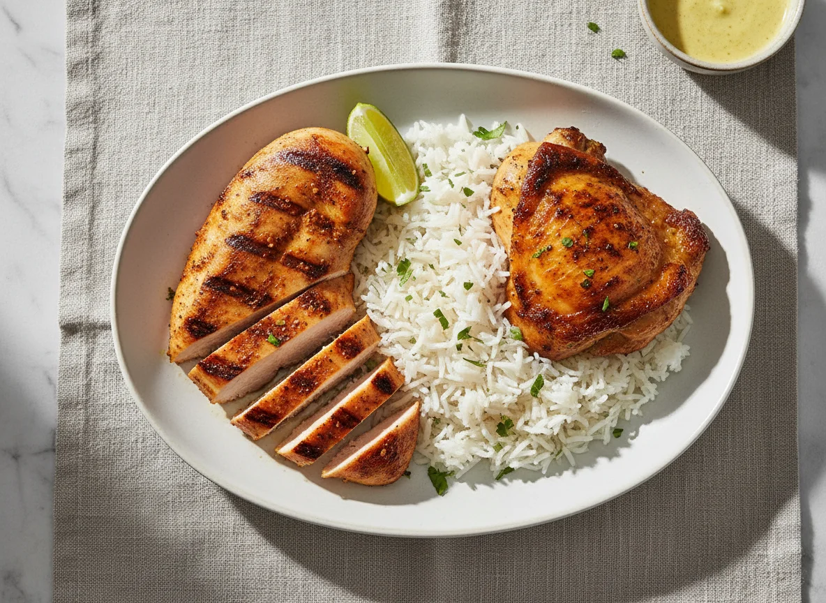 Pollo asado con arroz blanco photo