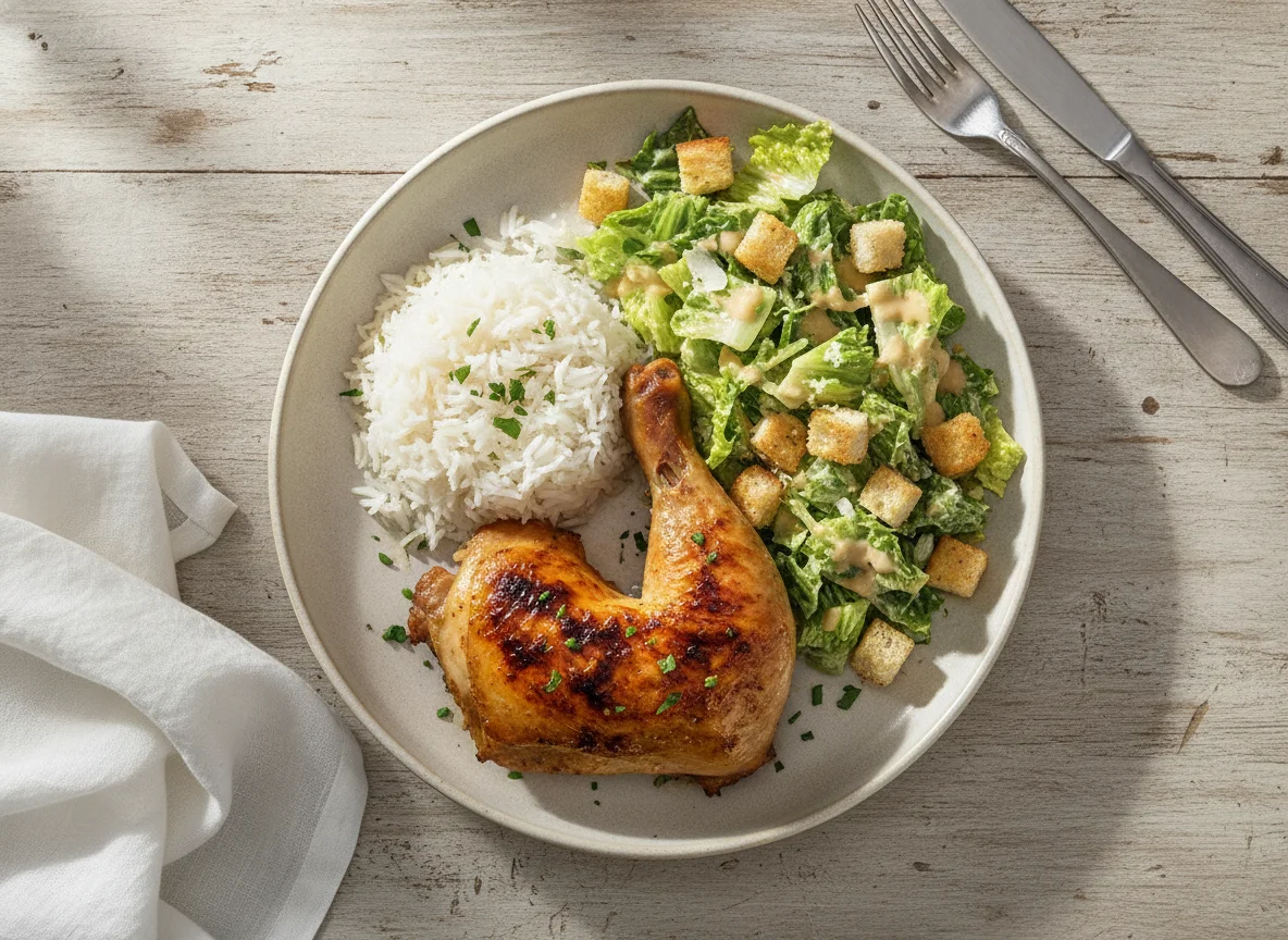 Pollo asado con arroz blanco y ensalada César photo
