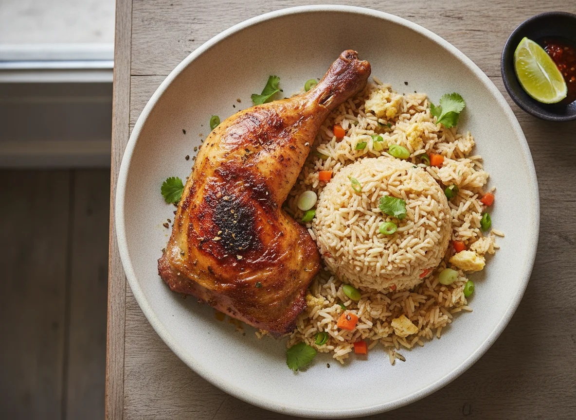 Pollo asado con arroz chaufa photo