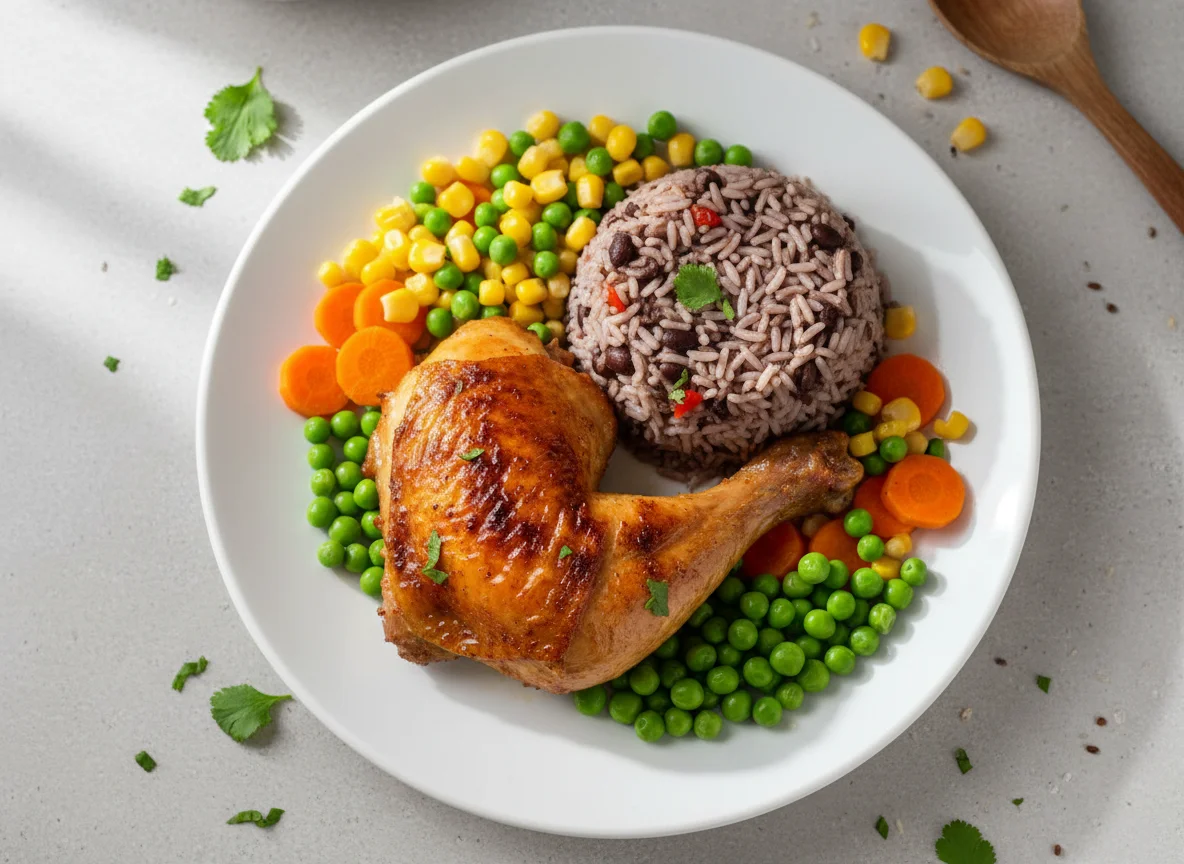 Pollo asado con arroz congrí y vegetales photo