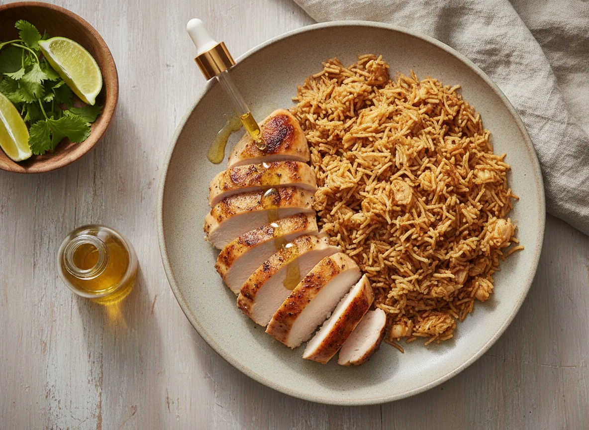 Pollo asado con arroz de fideo photo
