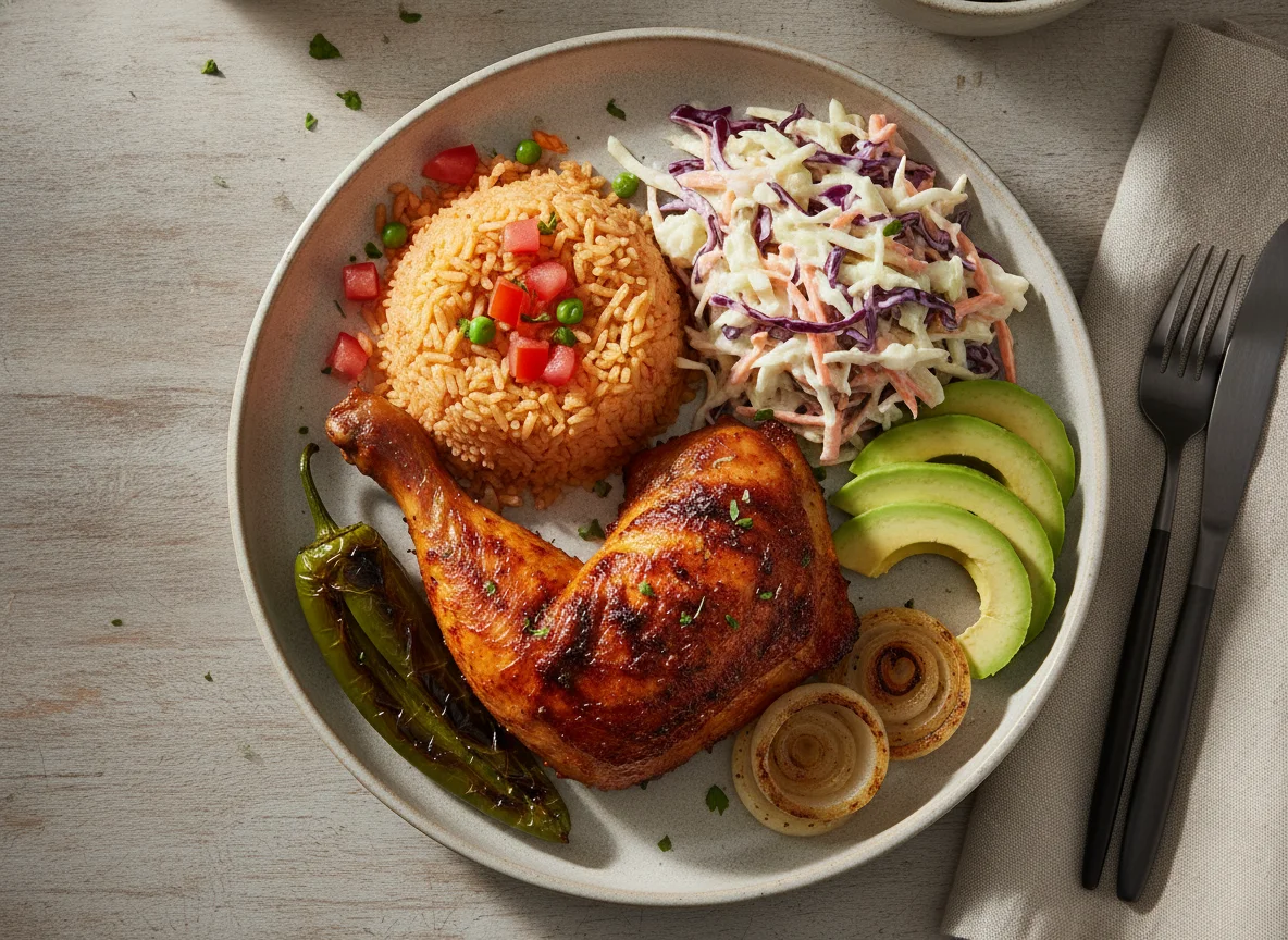 Pollo asado con arroz, ensalada de col y aguacate photo