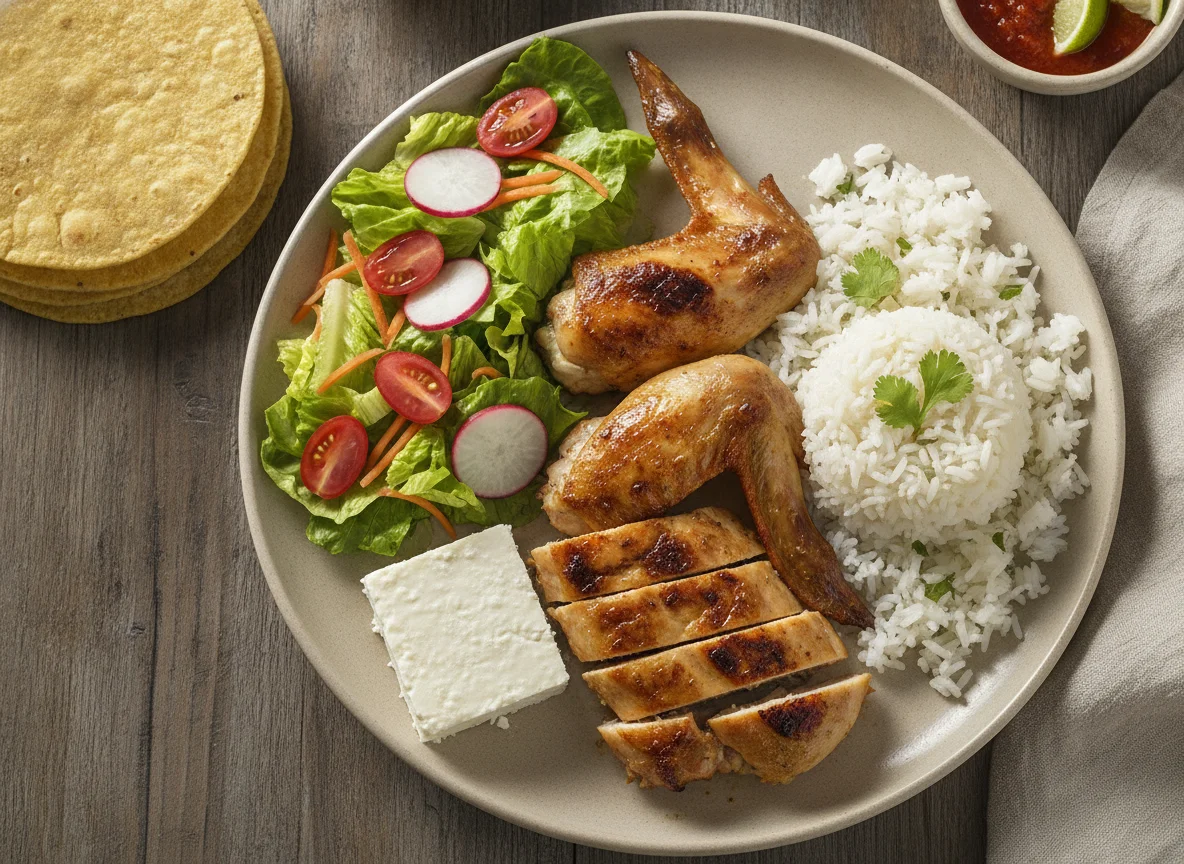 Pollo asado con arroz, ensalada, queso y tortilla photo