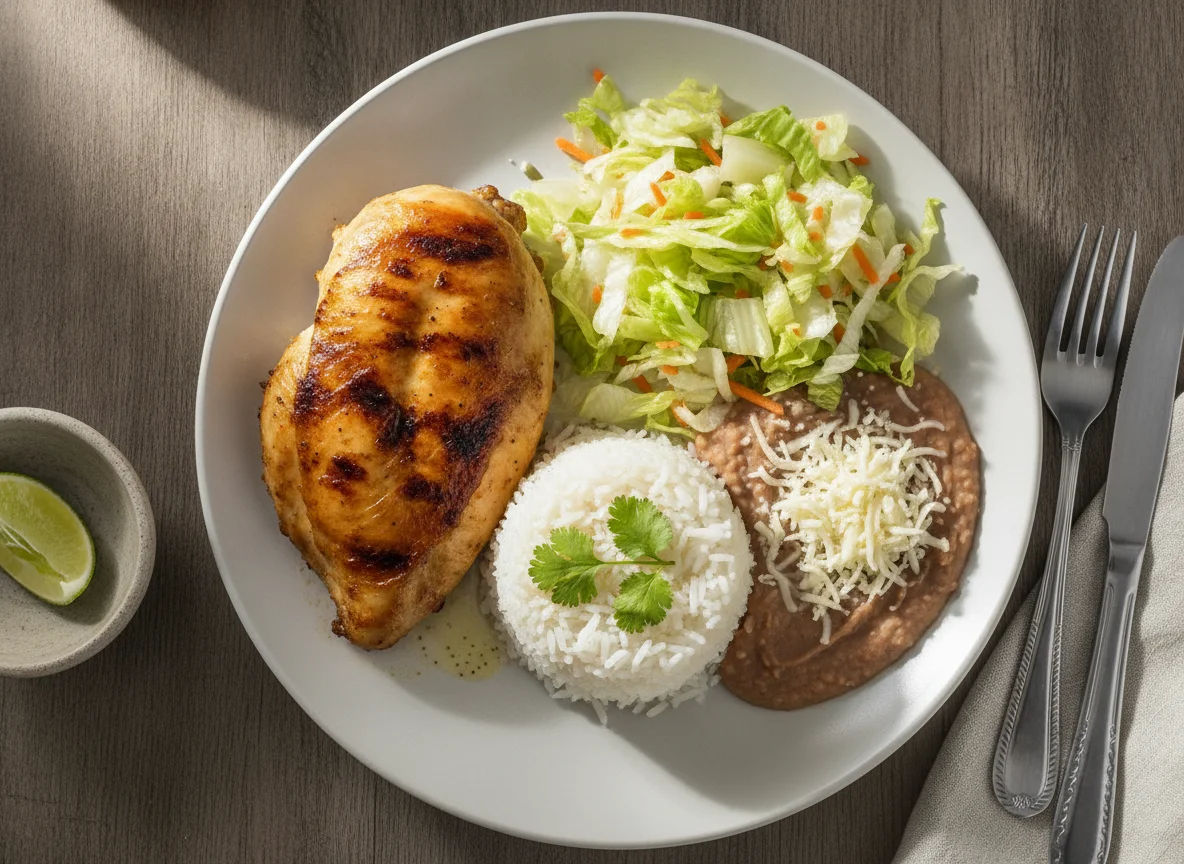 Pollo asado con arroz, ensalada y frijoles photo