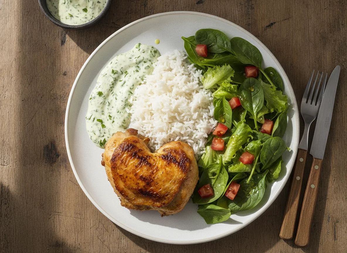 Pollo asado con arroz, ensalada y salsa photo