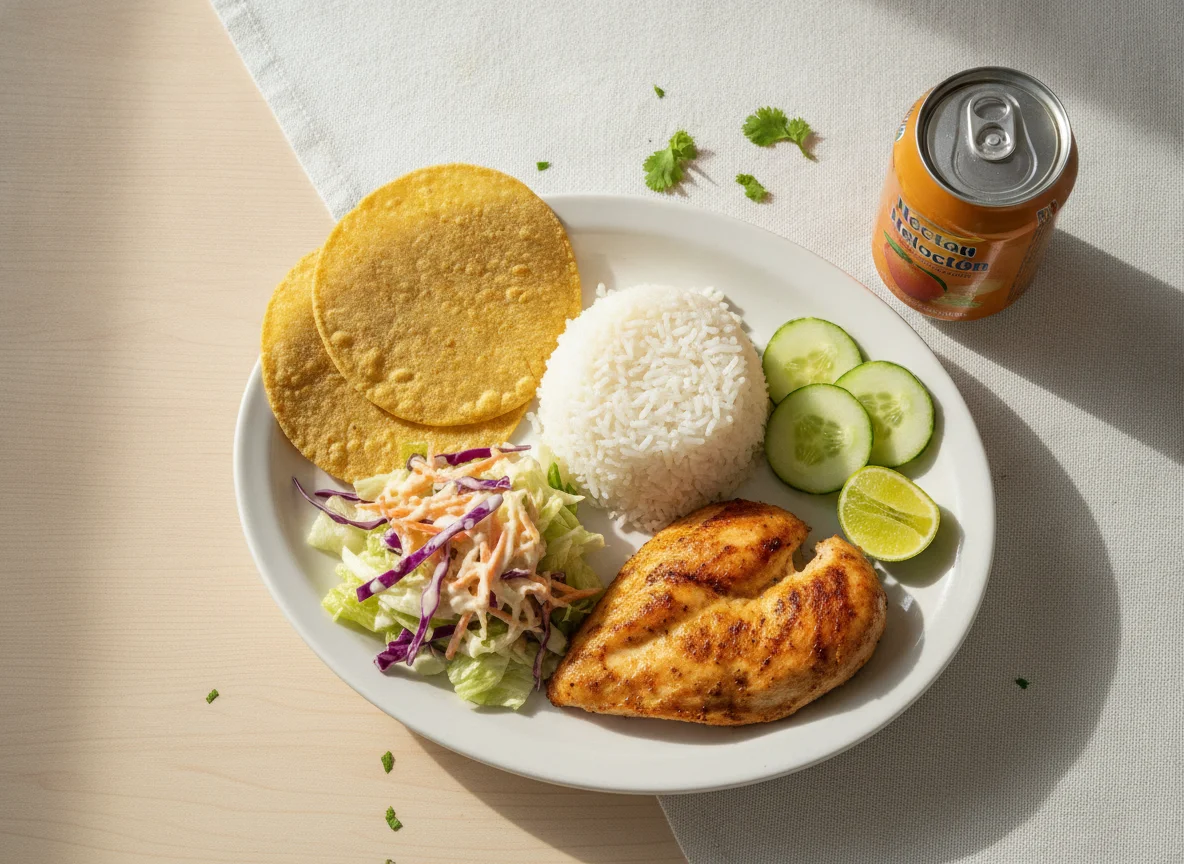 Pollo asado con arroz, ensalada y tortillas photo