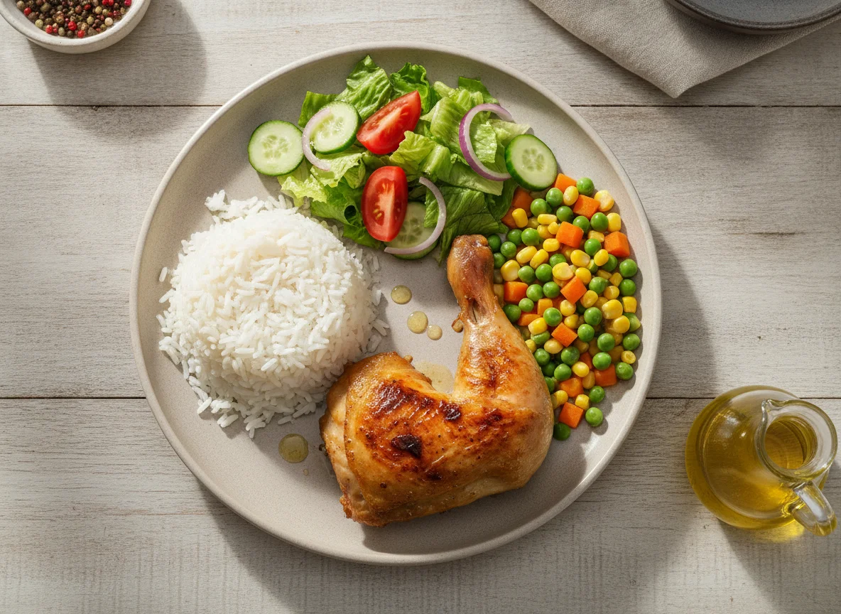 Pollo asado con arroz, ensalada y verduras photo