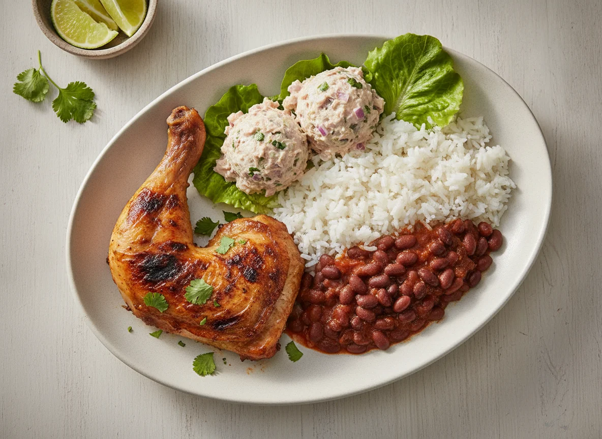 Pollo asado con arroz, frijoles y ensalada de atún photo